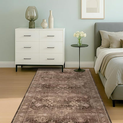 Boho Taupe Brown 4x6 Living Room Rug - Modern Traditional Oriental Neutral, Washable Low Pile Non-Slip Small Area Rugs for Entryway, Bedroom, Foyer, Mudroom