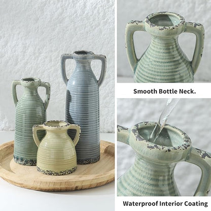 Ceramic Vases Set of 3, Neutral Rustic Farmhouse Vase with Handle, Decorative Flower Vases Home Decor Modern Boho Pampass Vase for Table Mantel Entryway Shelf Living Room Kitchen Bathroom - Multicolor