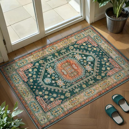 Tangsoo Vintage Rug 2x3 Small Area Rug for Entryway, Washable Entry Door Carpet Non-Slip Rubber Backing Indoor Throw Mat for Front Porch Entrance Kitchen,Yellow Green Multi Doormat