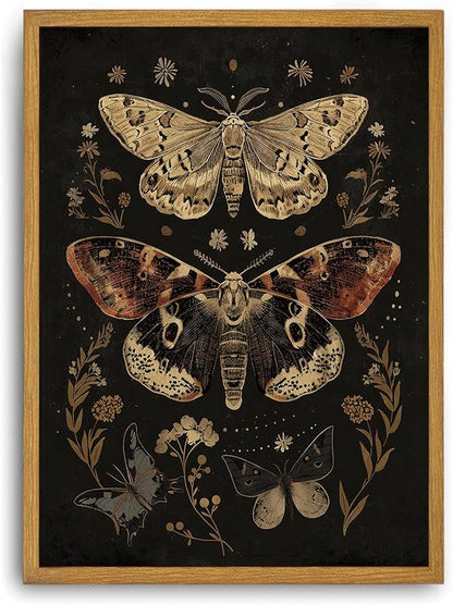Djmwtb Vintage Framed Wall Art Moth Canvas Wall Art Prints Gothic Paintings Botanical Aesthetic Pictures Wall Decor Artwork for Living Room Bedroom Bathroom Office 16x24in
