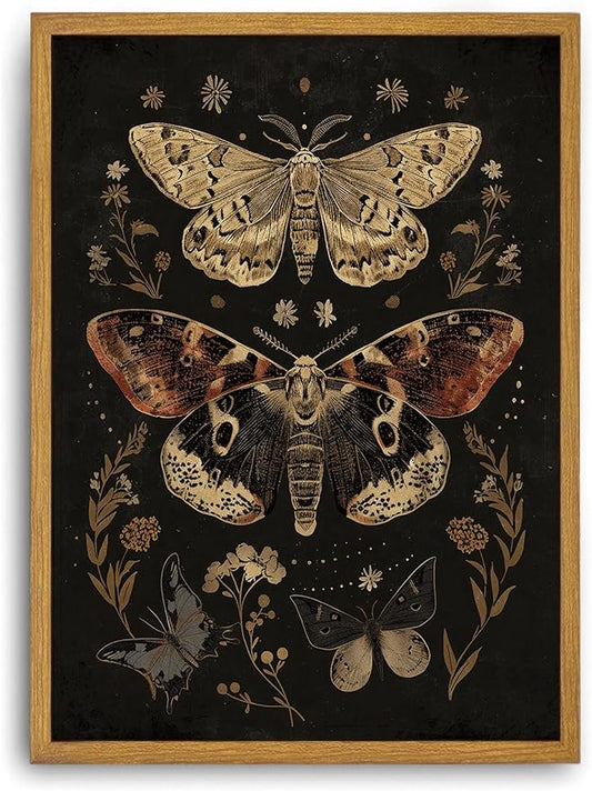Djmwtb Framed Wall Art Vintage Wall Decor Moth Canvas Art Insect Pictures Botanical Paintings Dark Prints Gothic Artwork for Bedroom Living Room