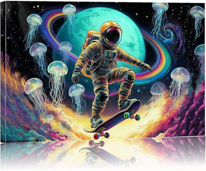 12x16 Framed Space Astronaut Skateboard Canvas Wall Art Colorful Galaxy Print with Jellyfish Rainbow Cosmic Teen Boys Room Fantasy Decor Kid Bedroom Funny Earth Poster Child Study Room Office Picture