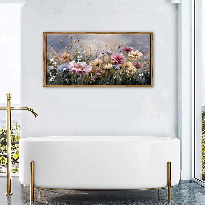 Vintage Flower Framed Canvas Wall Art Countryside Pink Wildflower Wall Decor Colorful Nature Flowers Pictures Prints Painting Farmhouse Daisy Poster Artwork for Living Room Bedroom Decoration 24x48