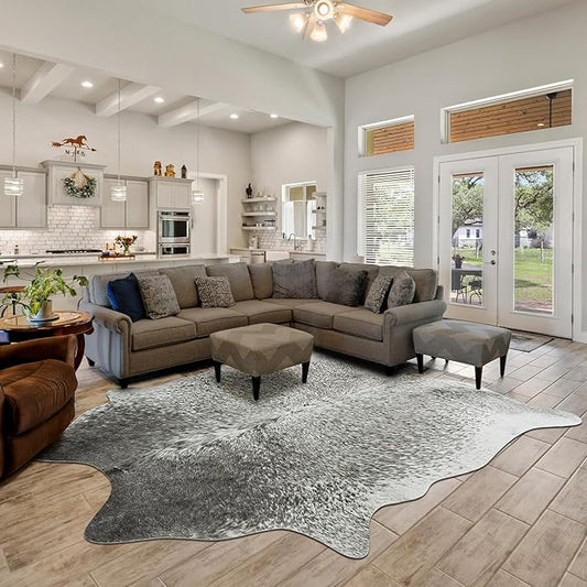 Faux Cowhide Rug for Living Room, 4.6 x 5.2 Feet Grey, Cow Print Skins Rug for Bedroom, Premium Faux Fur Animal Cow Hide Rugs Carpet for Western Decor
