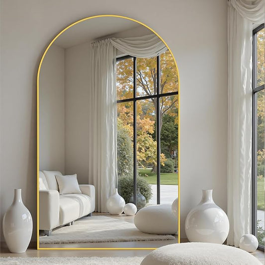 Suidia 82"x44" Arched Full Length Mirror with Stand, Full Body Mirror with Aluminum Frame, Freestanding/Leaning/Wall-Mounted, Floor Mirrors for Bedroom, Living Room, Entryway, Dressing Room, Gold
