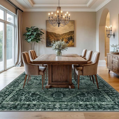 KOZYFLY Area Rug 8x10 Ft Thin Rugs for Living Room Washable Bedroom Rug Non Slip Rugs for Living Room Printed Faux Wool Vintage Bedroom Rug Floor Carpet for Dining Room, Dark Green