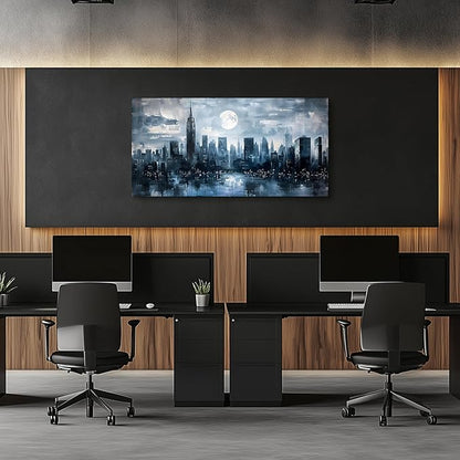 SERIMINO New York Skyline Wall Art, Urban Landscape Abstract Large Wall Decor, City Moon Night Landscape Artwork for Walls, Modern Aesthetic House Decorations Living Room Bedroom Office 24X48 Inch