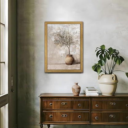 Vintage Olive Tree Canvas Wall Art, Farmhouse Aesthetic Oil Painting, Rustic Potted Plant Wall Decor, Neutral Botanical Print Artwork Picture for Living Room Kitchen Home Decor 12x16 Inch Framed
