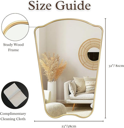 PERFNIQUE Gold Bathroom Mirror Irregular Wall Mirror, 32'' x 23'' Wood Framed Mirror, Decorative Vintage Mirror, Modern Vanity Mirror for Over Sink Bathroom Living Room Entryway, Modern Wall Decor