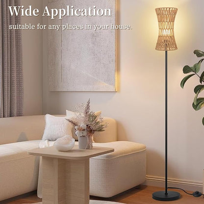 Ruiever Floor Lamp for Living Room,Farmhouse Floor lamp,Modern Standing lamp with Hand-Worked Rattan Shade (Slim Waist Rattan Shade-3 Color Bulb)