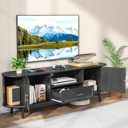 70" Fluted TV Stand for Tvs up to 80", Mid-Century Modern Entertainment Center with Drawers and Fluted Doors, Curved TV Media Console Table with Sliding Doors for Living Room, Bedroom (70" Black)