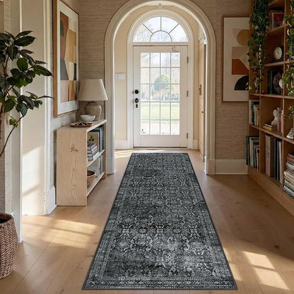 Rugxara 2x6 Runner Rug, Washable Kitchen Rugs, Black Boho Vintage Floral Hallway Runner, Non Slip Low Pile Area Rug Carpet for Indoor Hallway, Kitchen, Laundry Room and Bathroom(Black 2x6ft)