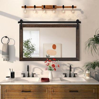 COGOOD Farmhouse Bathroom Mirror - 49" x 30" Rustic Barn Door Mirror for Living Room, Entryway, Bedroom, Vanity Wall Decor (Black Brown)
