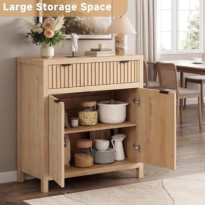 Fatmok Fluted Buffet Cabinet with Storage Set of 2, 34" Tall Modern Arched Sideboard Cabinet w/AdjustableShelves,Wooden Modular Coffee Bar for Dining Room, Kitchen, Living Room, Entryway, Natural