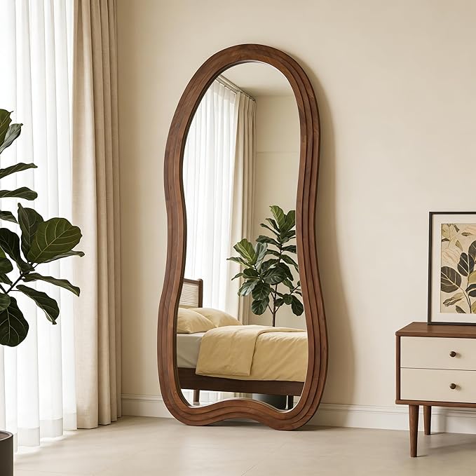 Large Irregular Floor Mirror, 67"x31.5" Organic Floor Mirrors with Triple Layer Solid Wood Frame, Premium Asymmetrical Full Body Mirror for Living Room Entryway Bedroom, Leaning/Hanging