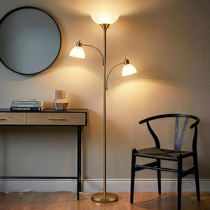 Brightech Sky Dome Double LED Floor lamp, Torchiere Super Bright Floor Lamp with 2 Reading Lamps for Living Rooms & Offices - Dimmable Tall Standing Lamp for Bedroom Reading - Tall Brass Pole