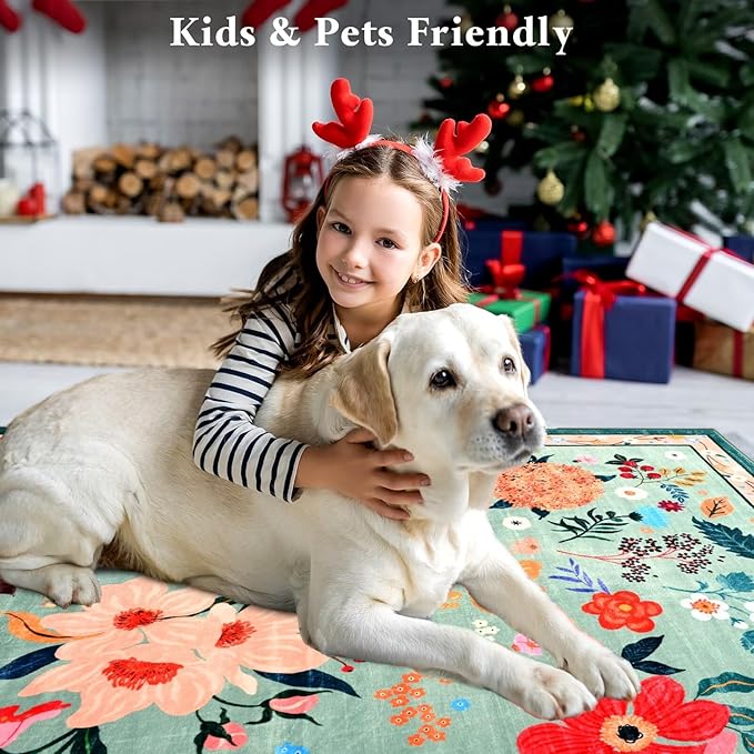 Macgace 2x6 Floral Runner Rug, Flowers Printed Washable Rugs with Non Slip Backing for Girls Bedroom Kitchen Hallway, Cute Carpet Runners Home Aesthetic Decor, Light Green