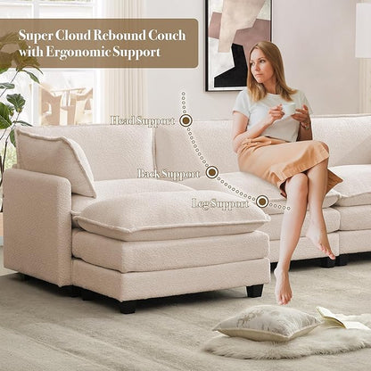 ROWHY 112'' Modular Sectional Cloud Couch with Movable Ottoman, 4 Seat Modern Chenille Sofa with 2 Throw Pillows, Deep Seat L Shaped Couch for Living Room Bedroom Apartment, Beige | Arrange Freedom