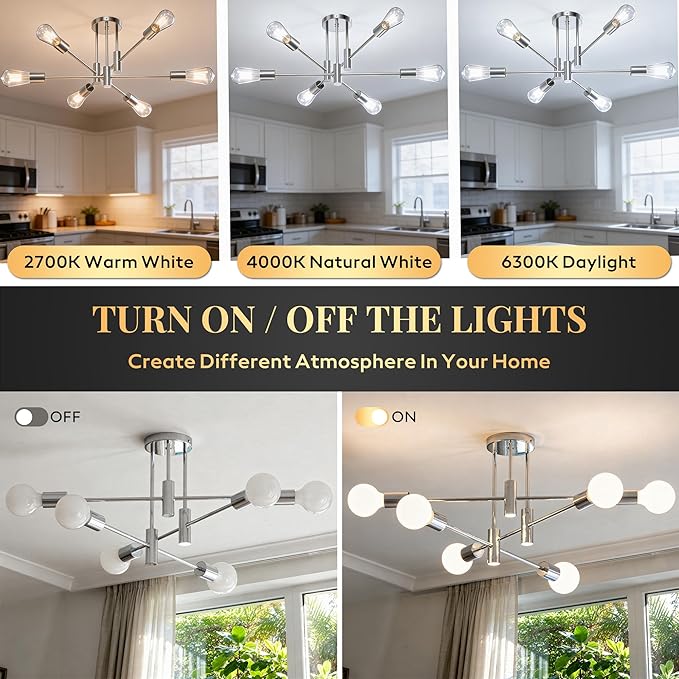 6-Light Sputnik Light Fixture, Brushed Nickel Mid-Century Modern Chandelier for Dining Room, Kitchen, Living Room, Bedroom