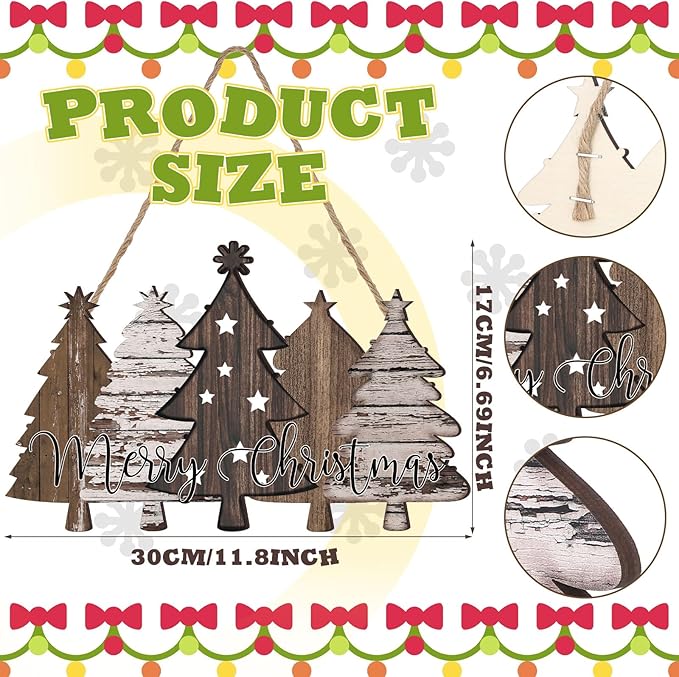 Soaoo Rustic Christmas Door Sign Decor Neutral Wooden Farmhouse Christmas Tree Hanging Sign Nature Vintage Xmas Front Door Decor Wood Welcome Hanger for Home Wall Indoor Outdoor Decoration