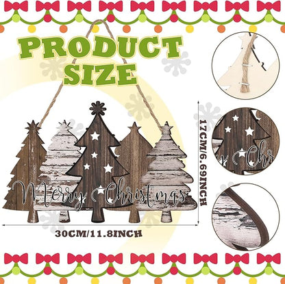 Soaoo Rustic Christmas Door Sign Decor Neutral Wooden Farmhouse Christmas Tree Hanging Sign Nature Vintage Xmas Front Door Decor Wood Welcome Hanger for Home Wall Indoor Outdoor Decoration