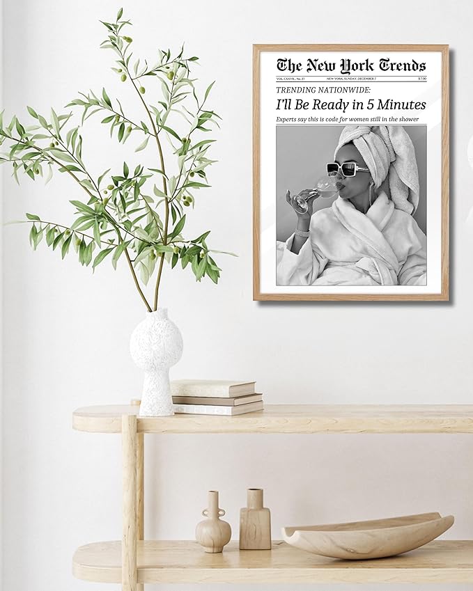 EcoHest Unframed 12x16 Canvas Wall Art, Newspaper I'll Be Ready in 5 Minutes Print, Feminist Makeup Home Decor, Retro Bathroom Decor, Set of 1 For Bedroom Living Room