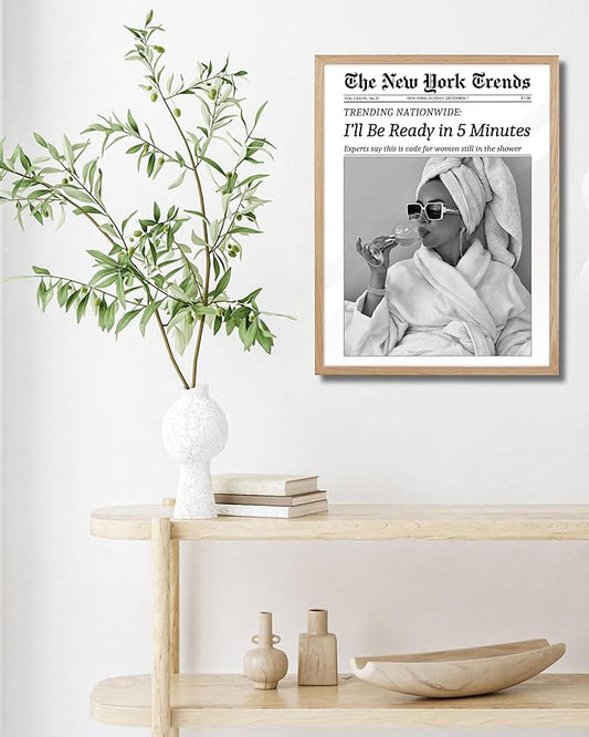 EcoHest Unframed 12x16 Canvas Wall Art, Newspaper I'll Be Ready in 5 Minutes Print, Feminist Makeup Home Decor, Retro Bathroom Decor, Set of 1 For Bedroom Living Room