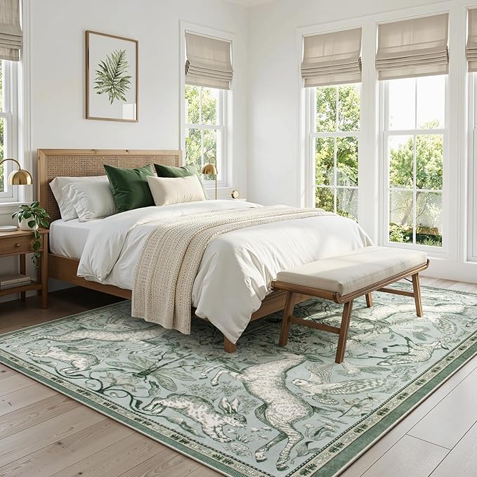 Lahome 8x10 Washable Deer Rug, Dorval Boho Woodland Cottage Area Rug, Non Slip Low Pile Large Light Green Carpet for Living Room Bedroom Dining Room Kitchen Nursery Decor