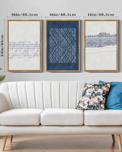Drsoum Blue Abstract Boho Framed Wall Art Large 16x24in Minimalist Mid-Century Modern Wall Decor Geometric Artwork Kitchen Dining Room Natural Framed