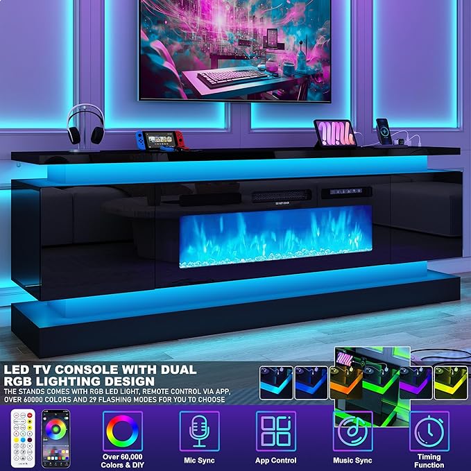 chartustriable 71IN LED TV Stands w/40 inch Fireplace Power Outlet for 85/80/75 Inch TVs,High Glossy Modern TV Media Console Gaming with 2 Storage Cabinets,Dual LED Lights,Black