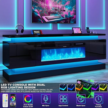 chartustriable 71IN LED TV Stands w/40 inch Fireplace Power Outlet for 85/80/75 Inch TVs,High Glossy Modern TV Media Console Gaming with 2 Storage Cabinets,Dual LED Lights,Black