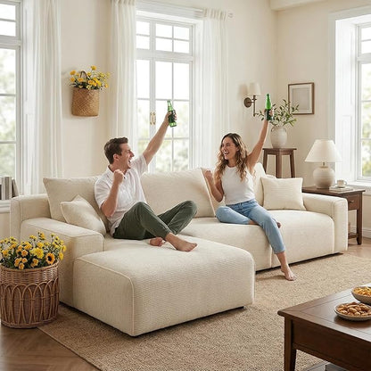 Homkdom L-Shaped Cloud Boneless Couch with Deep Seat, Modular Sectional Sofa with Oversized Chaise, 6 Layouts Combination for Living Room, Apartment, No Assembly (White Check, Left Facing Chaise)