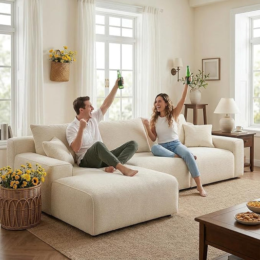 Homkdom L-Shaped Cloud Boneless Couch with Deep Seat, Modular Sectional Sofa with Oversized Chaise, 6 Layouts Combination for Living Room, Apartment, No Assembly (White Check, Left Facing Chaise)