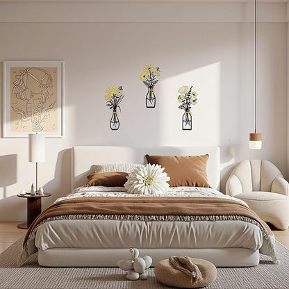 Iron Metal Vase Flower Wall Art Set of 3 - Minimalist Black Floral Decor for Living Room Bedroom Kitchen, Office Garden - Modern Farmhouse Home Decor & Housewarming Gifts (Black-Golden)