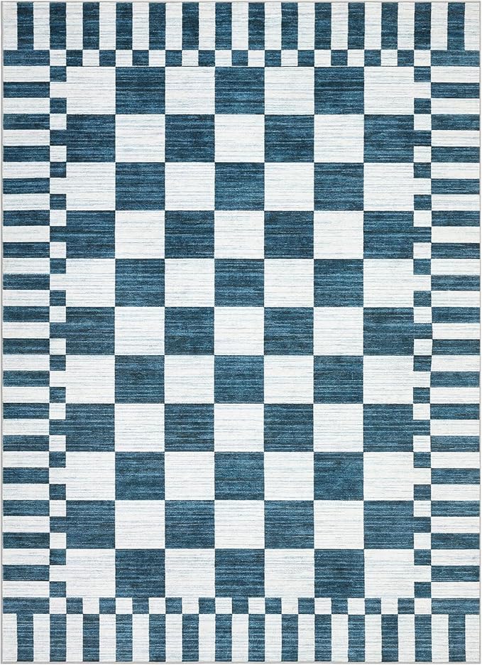 GarveeHome Blue and White Checkered Rug 6×9 Area Rugs for Living Room,Non-Slip Washable Rug Soft Low-Pile, Modern Farmhouse Geometric Rugs for Bedroom Dining Room