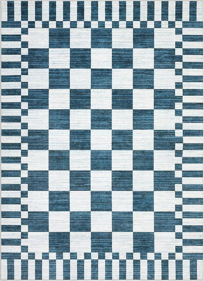 GarveeHome Blue and White Checkered Rug 5×7 Area Rugs for Living Room,Non-Slip Washable Rug Soft Low-Pile, Modern Farmhouse Geometric Rugs for Bedroom Dining Room