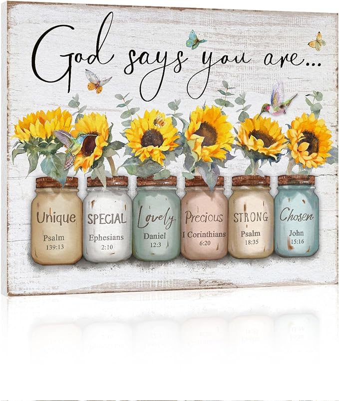 Inspirational Bible Verse Wall Art: God Says You Are Wall Sayings Sunflower in Mason Jar Picture Print Christian Gift Quotes Poster for Women Girl Bedroom Decor 12" x 15"