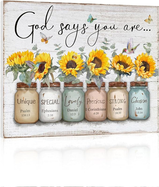 Inspirational Bible Verse Wall Art: God Says You Are Wall Sayings Sunflower in Mason Jar Picture Print Christian Gift Quotes Poster for Women Girl Bedroom Decor 12" x 15"
