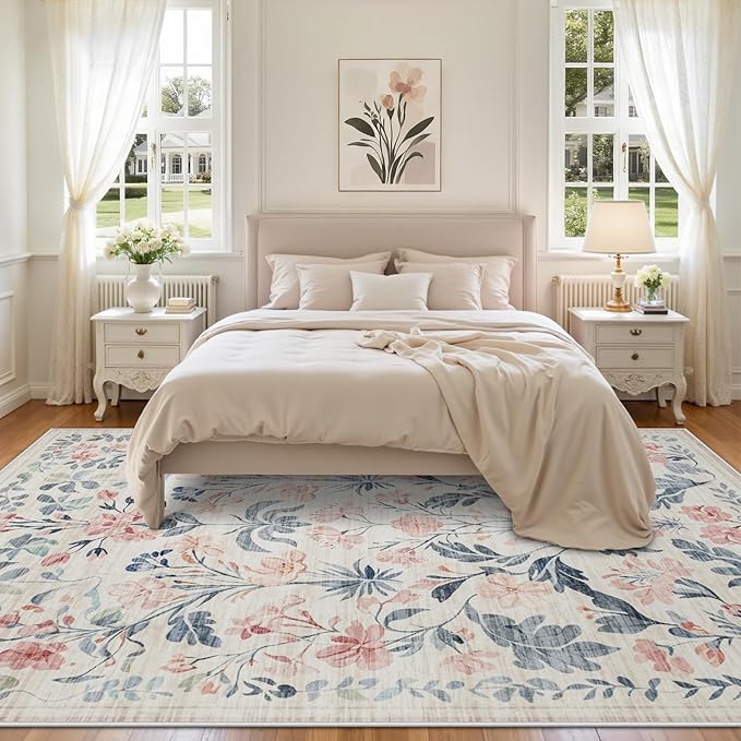 Area Rugs 9x12 Living Room: Lagre Boho Living Room Rug Soft Non-Slip Thin Carpet Indoor Floor Non-Shedding Neutral Floral Carpets for Bedroom Dining Room Farmhouse Nursery Multi