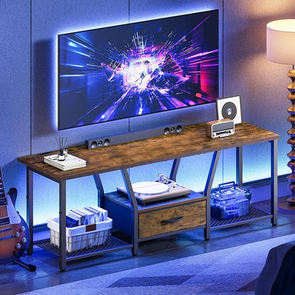 RALGEND TV Stand with LED Lights, for TVs up to 55 Inches, 47" Entertainment Center with Fabric Drawer & Soundbar Shelf, Media Console Table for Living Room, Bedroom, Rustic Brown and Black 1201DSDBB