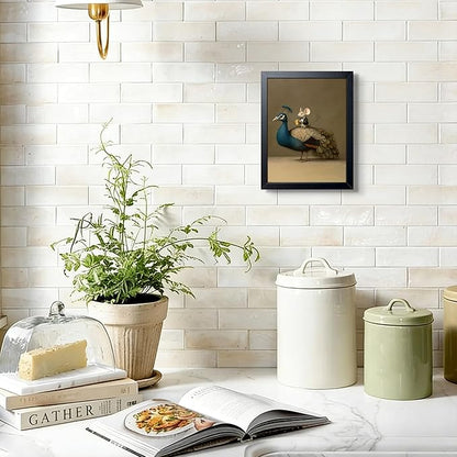 Funny Peacock & Mouse Canvas Wall Art, Abstract Animal Canvas Print Poster, A Funny Mouse Riding a Peacock Wall Decor Painting, for Living Room Bedroom Bathroom Decor 8x10 Inch Framed
