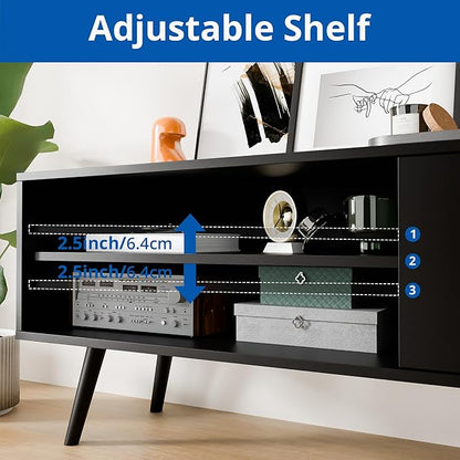 Cozy Castle TV Stand for 48-55 Inch TV, Mid Century Modern Entertainment Center with Storage Cabinet, TV Media Console with Charging Station for Living Room (Black, 43.3" W x 15.7" D x 19.5" H)