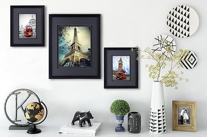 Yaetm 8x10 Double Floating Mat Picture Frame Set of 4, Display Picture 5x7 with black Double Mat, Polished High Definition Real Glass, Tabletop & Wall Mounting Photo Frames, Black