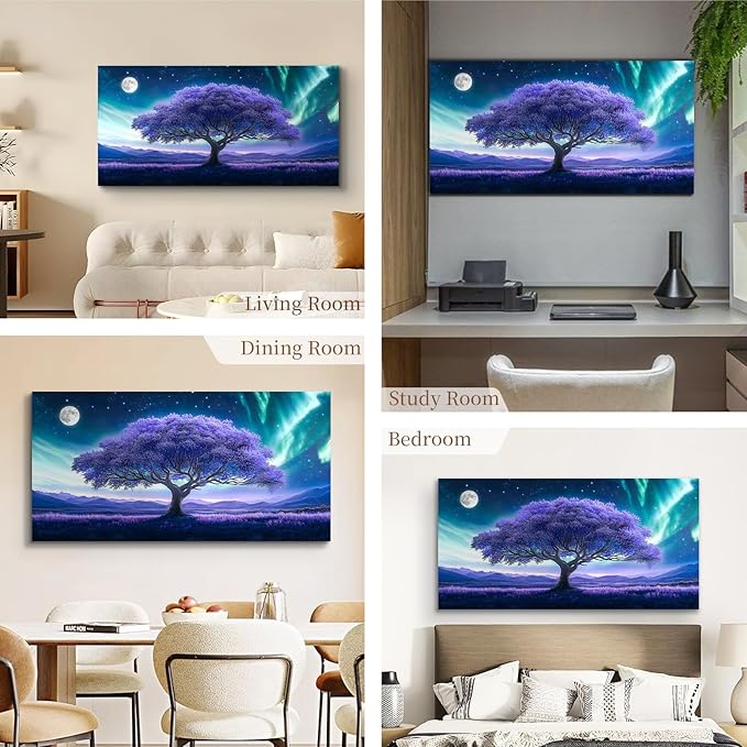 crmotu Tree of Life Large Wall Art, Space Fantasy Landscape Canvas Painting, Purple Tree Abstract Art Prints, Modern Aurora Scenery Pictures Wall Decor Living Room Bedroom Bathroom Office 20X40in