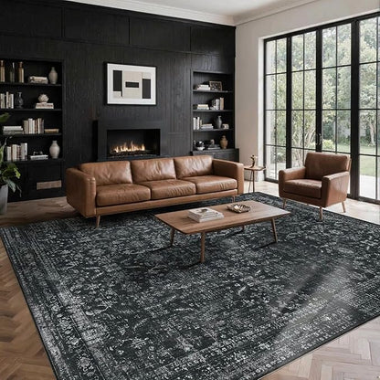 Rugxara 8x10 Area Rugs for Living Room Bedroom, Large Washable Rug, Black Vintage Floral Boho Rug, Non Slip & Low Pile Faux Wool Thin Carpet for Indoor Dining Room and Kids Room(Black 8x10ft)