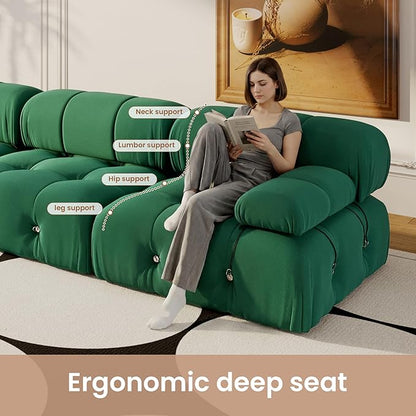 138'' Modular Green Sectional Couch, U-Shaped Velvet Sofa with Reversible Chaise Ottoman, Minimalist 6-Seat Bubble Sofa, Modern Cloud Sectional Couches for Living Room, Apartment (6 Seats,Green)