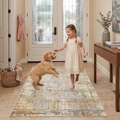 Rugxara 3x5 Washable Entryway Rug, Non Slip Boho Runner Rugs for Hallway, Entrance, Kitchen, Bathroom, Laundry Room, Soft Entryway Carpet, Throw Low Pile Retro Imitation Wool Carpet, Gold Beige