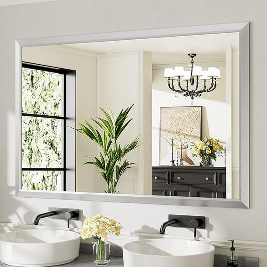 60x40 Inch Brushed Silver Bathroom Mirror for Wall, Thick Metal Framed Rectangle Mirrors for Over Sink, Bedroom, Living Room, Entryway, Anti-Rust, HD Tempered Glass