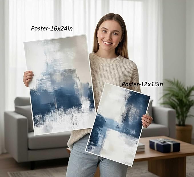 Devatz 3 Pcs Navy Blue Abstract Poster Wall Art Modern Minimalist Neutral Blue and Grey Paintings Pictures Wall Decor Print Artwork for Living Room Bedroom Office Home Decoration Unframed