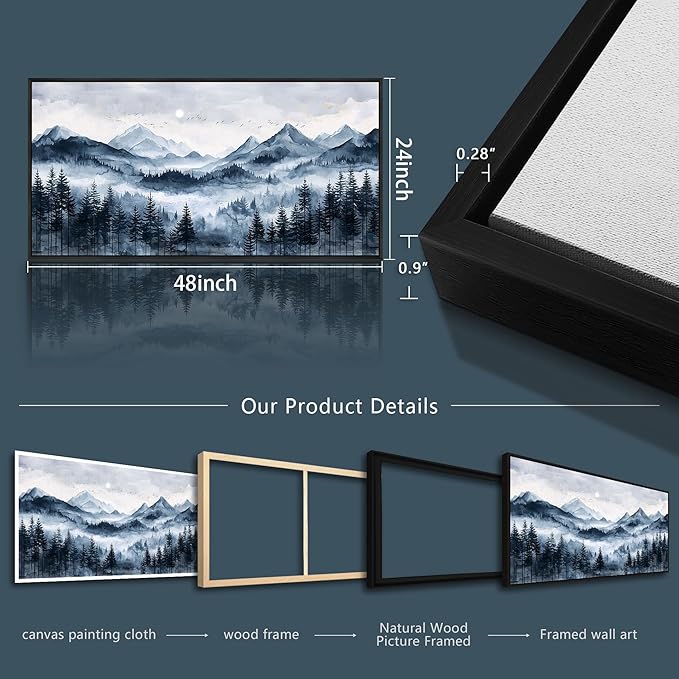 ERQINHUA Black Framed Canvas Wall Art For Bedroom Large Wall Decor For Living Room Modern Office Home Decorations Printed Misty and Fog Forest Painting Mountain Landscape Wall Aesthetics 24x48 In